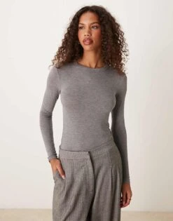 Mango Slim Fit Long Sleeve Top In Grey For Women -Mango Sales 207262042 1 grey 1