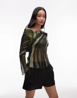 Mango Off Shoulder Print Detail Mesh Top In Black For Women