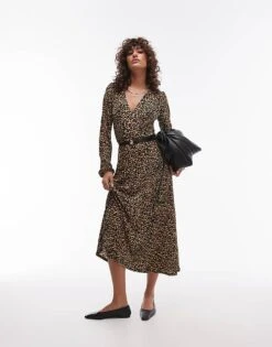 Mango V-neck Long Sleeve Leopard Print Midi Dress In Brown For Women