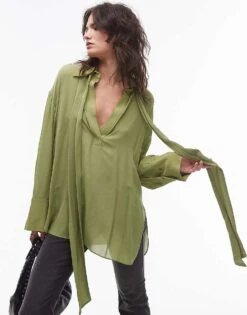 Mango Capsule Neck Tie Woven Relaxed Shirt In Green For Women -Mango Sales 207262151 1 green 1