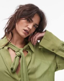 Mango Capsule Neck Tie Woven Relaxed Shirt In Green For Women -Mango Sales 207262151 3