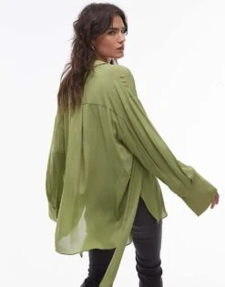 Mango Capsule Neck Tie Woven Relaxed Shirt In Green For Women -Mango Sales 207262151 4