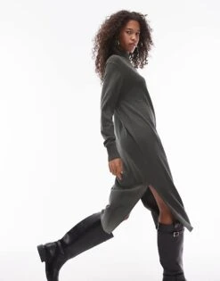 Mango High Neck Split Side Knitted Maxi Dress In Dark Green For Women -Mango Sales 207262209 1 green 1