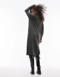 Mango High Neck Split Side Knitted Maxi Dress In Dark Green For Women -Mango Sales 207262209 4