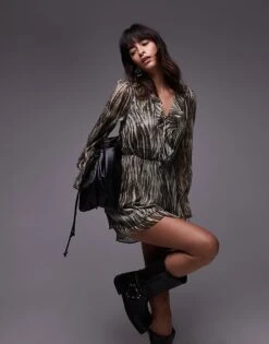 Mango Zebra Print Mini Dress In Green For Women