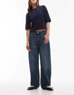 Mango Medium Waist Barrel Leg Jean In Dark Blue For Women