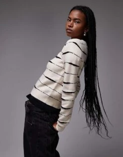 Mango Tiger Stripe Knitted Jumper In White For Women