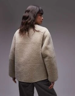 Mango Contrast Detail Collarless Shearling Jacket In Ecru For Women -Mango Sales 207283465 3