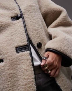 Mango Contrast Detail Collarless Shearling Jacket In Ecru For Women -Mango Sales 207283465 4