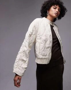 Mango Quilted Bomber Jacket In Ecru For Women