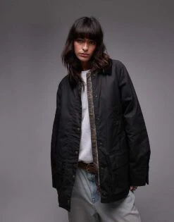 Mango Zip Front Check Lined Barn Jacket In Khaki For Women