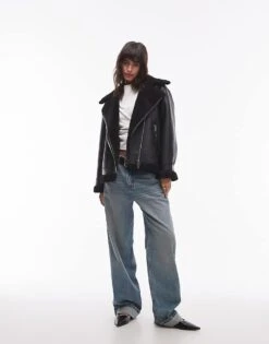 Mango Oversized Shearling Aviator Jacket In Black For Women