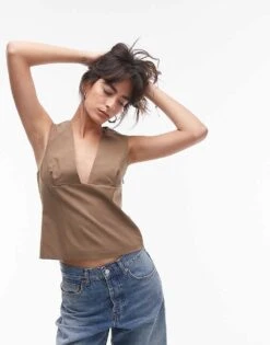 Mango Deep V-neck Top In Brown For Women -Mango Sales 207283762 4