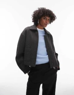 Mango Zip Down Wool Jacket In Dark Grey For Women