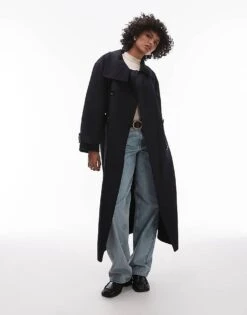 Mango Capsule Longline Wool Coat In Navy For Women