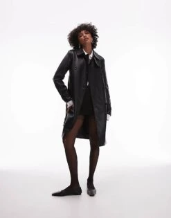 Mango Faux Leather Mid Length Trench Coat In Black For Women