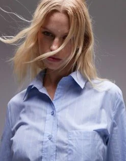 Mango Cinched Waist Pinstripe Shirt In Light Blue For Women -Mango Sales 207283995 4