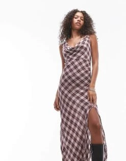 Mango Cowl Neck Check Print Midi Dress In Red For Women -Mango Sales 207284008 4