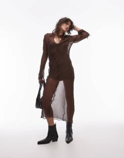 Mango Mesh Detail Maxi Dress In Chocolate Brown For Women