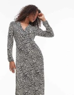 Mango V-neck Long Sleeve Leopard Print Midi Dress In White For Women