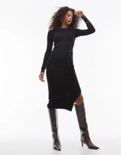 Mango Belt Detail Long Sleeve Midi Dress In Black For Women