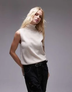 Mango Roll Neck Sleeveless Tank Top In Light Beige For Women -Mango Sales 207284172 1 beige 1