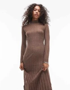 Mango High Neck Long Sleeve Ribbed Midi Dress In Brown For Women -Mango Sales 207284185 1 brown 1
