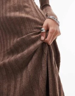 Mango High Neck Long Sleeve Ribbed Midi Dress In Brown For Women -Mango Sales 207284185 3