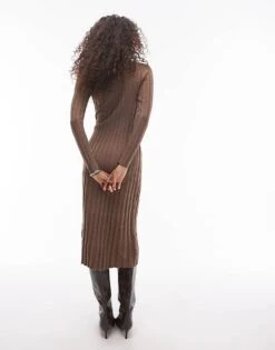 Mango High Neck Long Sleeve Ribbed Midi Dress In Brown For Women -Mango Sales 207284185 4