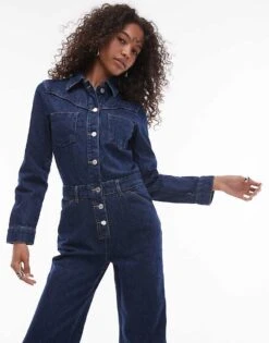Mango Button Detail Denim Jumpsuit In Light Blue For Women
