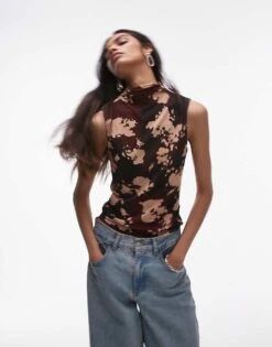 Mango Mix Print Mesh Sleeveless Top In Red For Women