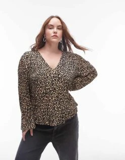 Mango Curve Tie Neck Top In Leopard Print For Women Light Brown