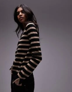 Mango Stripe Button Down Cardigan With In Navy And Brown For Women -Mango Sales 207284396 1 navy 1