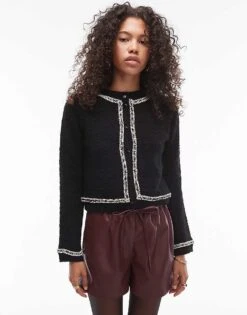 Mango Contrast Trim Knitted Cardigan In Black For Women