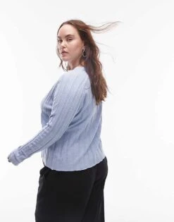 Mango Curve Ribbed Button Down Cardigan In Light Blue For Women -Mango Sales 207284550 4