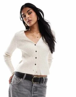 Mango Ribbed Fine Knit Button Through Cardigan In Beige For Women