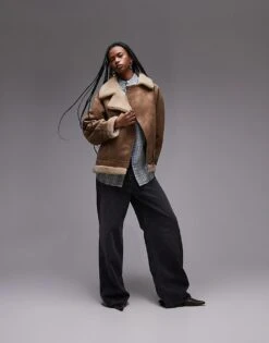 Mango Oversized Shearling Aviator Jacket In Brown For Women