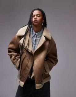 Mango Oversized Shearling Aviator Jacket In Brown For Women -Mango Sales 207284741 3