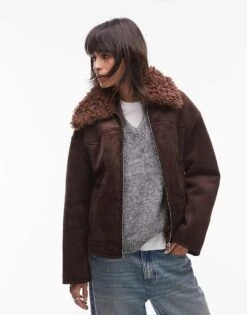 Mango Suede Look Aviator With Shearling Collar In Dark Brown For Women -Mango Sales 207284823 4