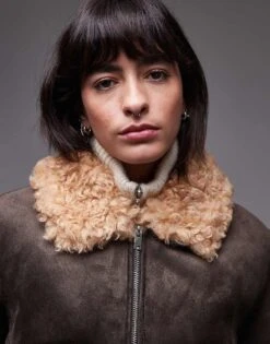 Mango Suede Look Cropped Aviator With Shearling Collar In Brown For Women -Mango Sales 207284841 3