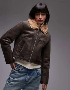 Mango Suede Look Cropped Aviator With Shearling Collar In Brown For Women -Mango Sales 207284841 4