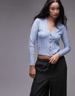 Mango Ribbed Button Down Cardigan In Light Blue For Women -Mango Sales 207284861 1 lightblue 1