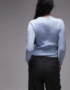 Mango Ribbed Button Down Cardigan In Light Blue For Women -Mango Sales 207284861 4