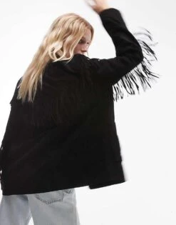 Mango Suede Jacket With Arm Tassles In Black For Women -Mango Sales 207284886 3