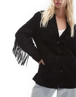 Mango Suede Jacket With Arm Tassles In Black For Women -Mango Sales 207284886 4