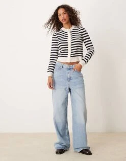 Mango Stripe Gold Button Fluffy Cardigan In White For Women -Mango Sales 207284906 1 white 1