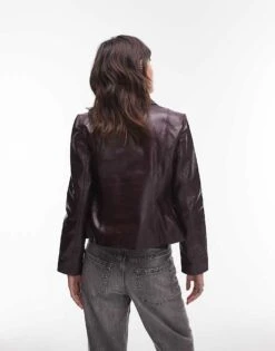 Mango Leather Blazer In Dark Red For Women -Mango Sales 207284923 4