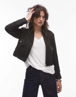Mango Studded Collar Western Jacket In Black For Women