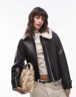 Mango Clean Borg Neck Aviator In Black For Women