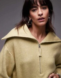 Mango Wide Neck Half Zip Jumper In Green For Women